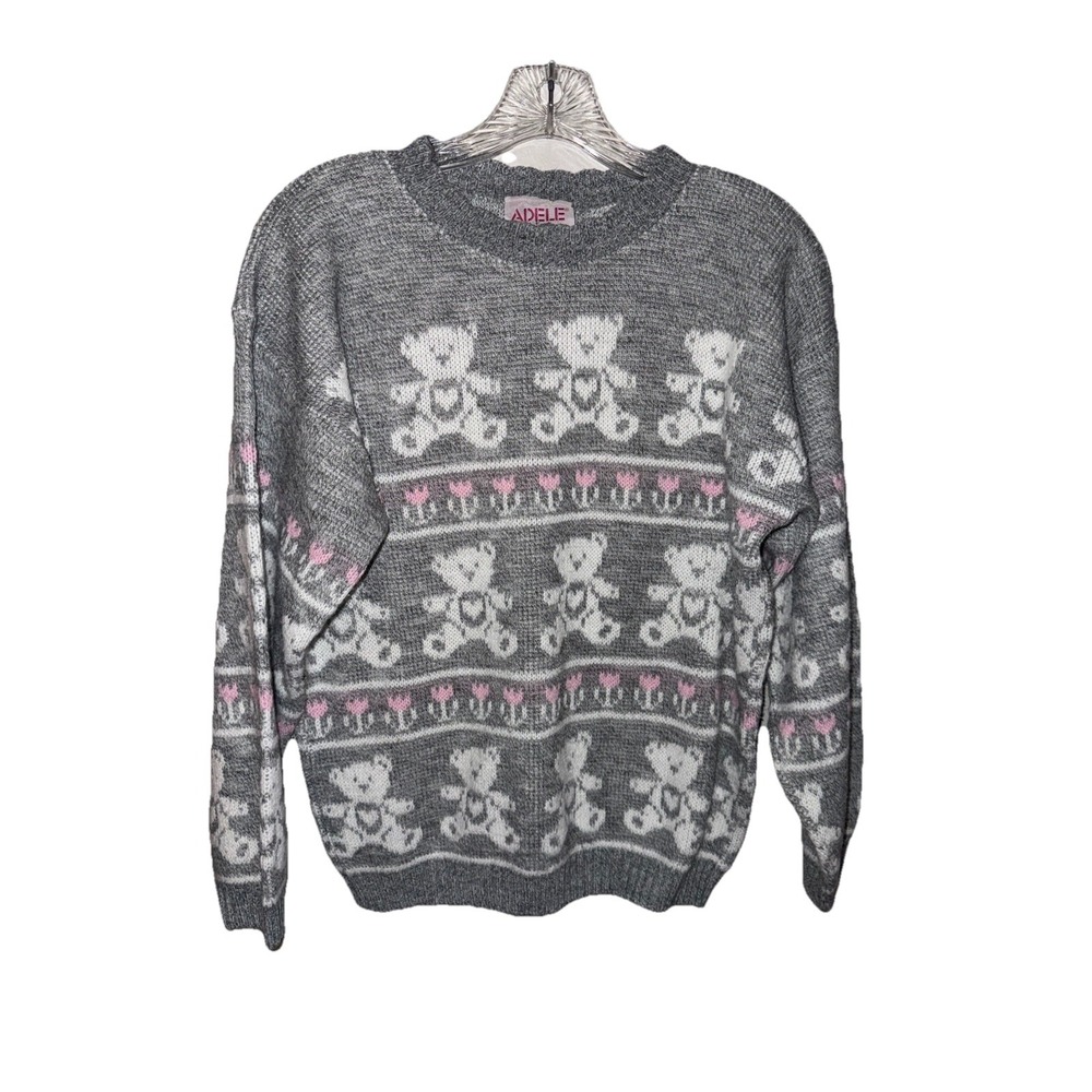 Vintage Adele Knitwear Cat Sweater Womens M Gray Pink Bears Hearts 80s 90s